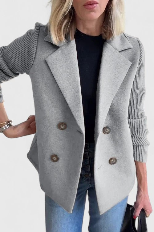 Womens Double Breasted Wool Blazer Contrast Knit Sleeves