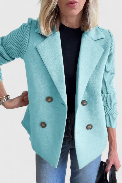Womens Double Breasted Wool Blazer Contrast Knit Sleeves