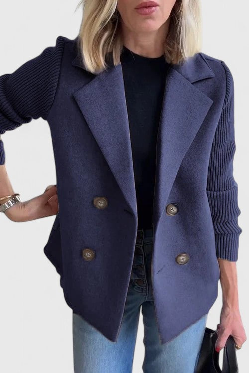 Womens Double Breasted Wool Blazer Contrast Knit Sleeves