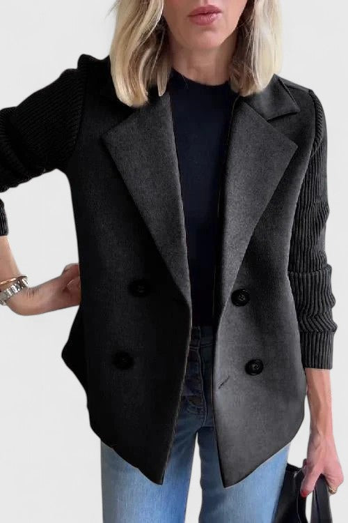 Womens Double Breasted Wool Blazer Contrast Knit Sleeves