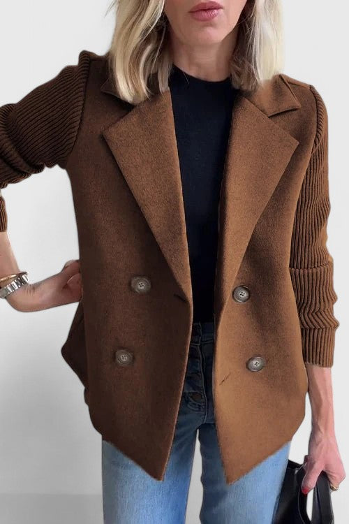 Womens Double Breasted Wool Blazer Contrast Knit Sleeves