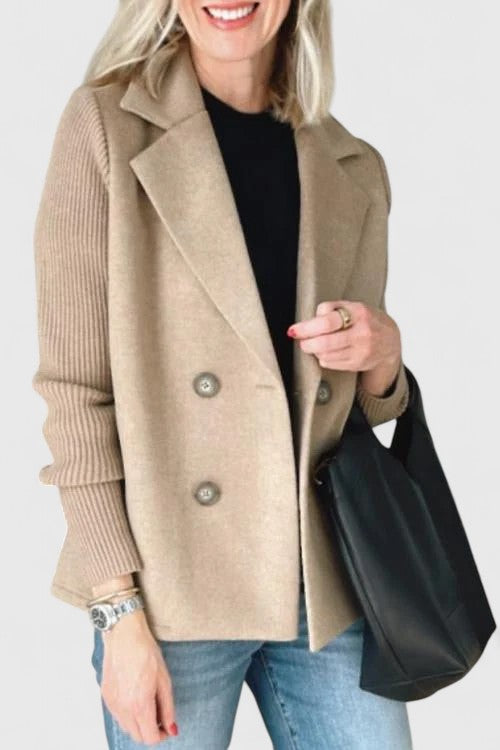 Womens Double Breasted Wool Blazer Contrast Knit Sleeves