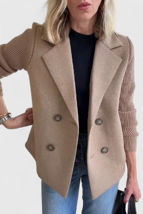 Womens Double Breasted Wool Blazer Contrast Knit Sleeves