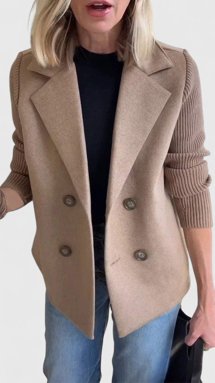 Womens Double Breasted Wool Blazer Contrast Knit Sleeves