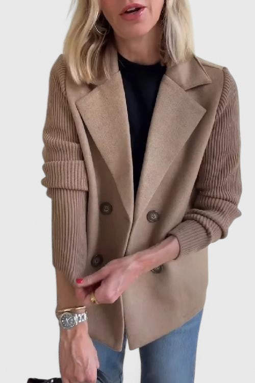 Womens Double Breasted Wool Blazer Contrast Knit Sleeves
