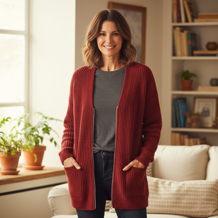 Ribbed Zip-Up Longline Sweater for Women