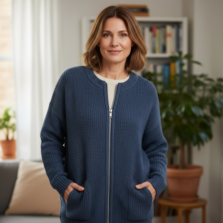 Ribbed Zip-Up Longline Sweater for Women