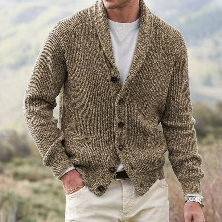 Mens Ribbed Knit Cardigan Shawl Collar Button Front