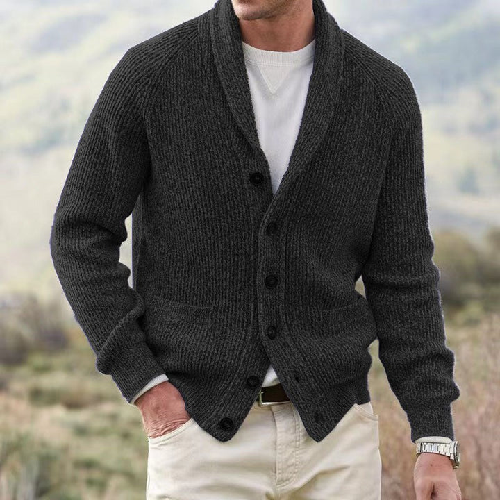 Mens Ribbed Knit Cardigan Shawl Collar Button Front