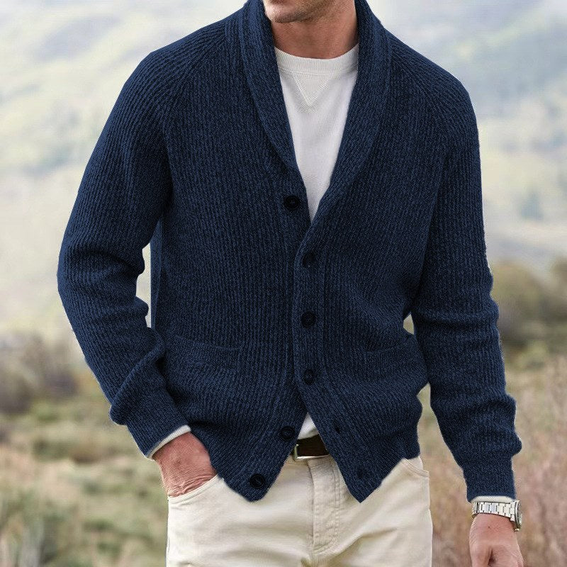 Mens Ribbed Knit Cardigan Shawl Collar Button Front