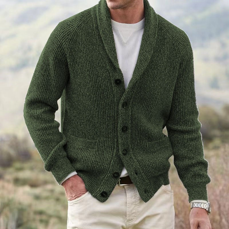 Mens Ribbed Knit Cardigan Shawl Collar Button Front