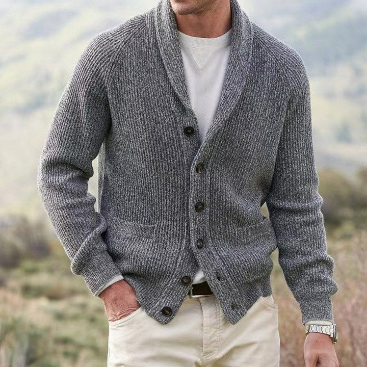 Mens Ribbed Knit Cardigan Shawl Collar Button Front