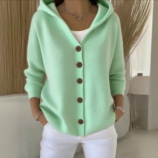 Hooded Knit Cardigan Button Front Long Sleeve Women