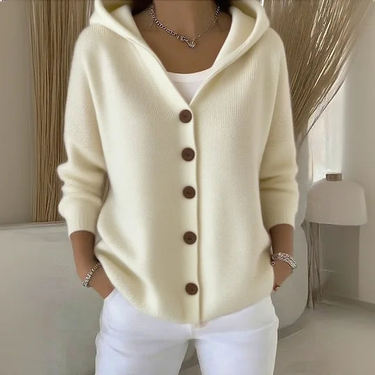 Hooded Knit Cardigan Button Front Long Sleeve Women