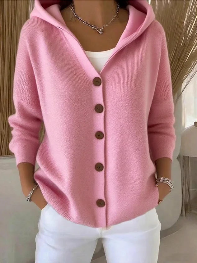 Hooded Knit Cardigan Button Front Long Sleeve Women