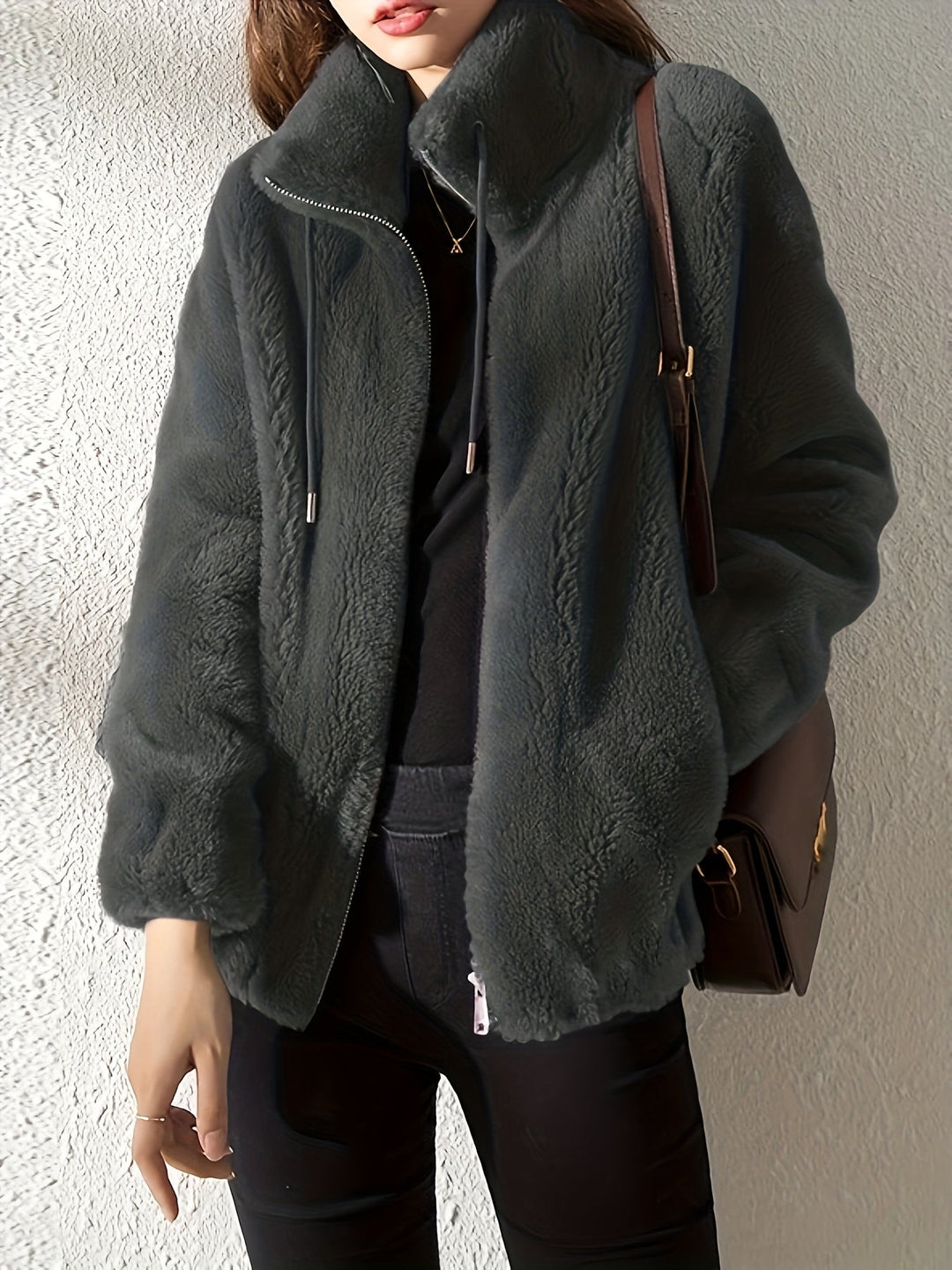 Women Plush Fleece Zip Up Jacket Stand Collar