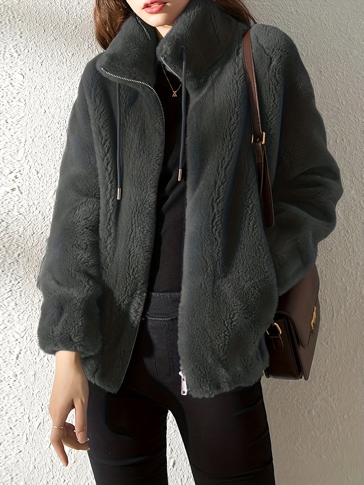 Women Plush Fleece Zip Up Jacket Stand Collar