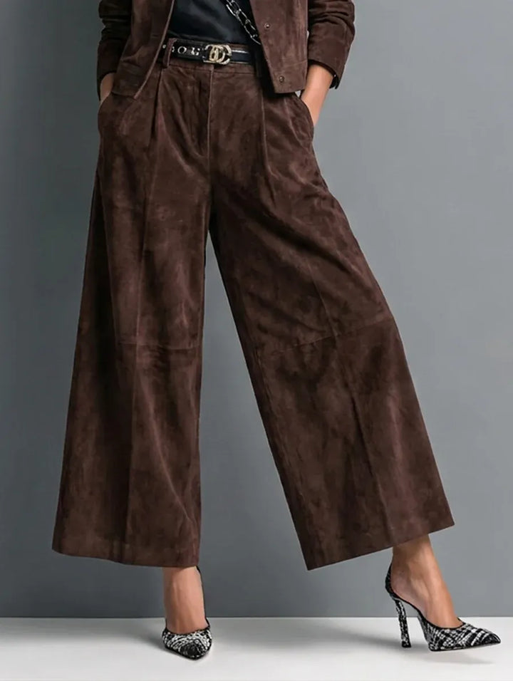 Women Faux Suede Wide Leg Pants Jacket Two Piece Set
