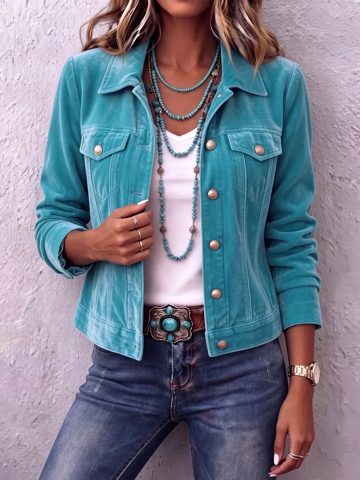 Womens Velvet Button Front Jacket Vintage Wash Style