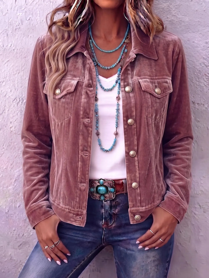 Womens Velvet Button Front Jacket Vintage Wash Style