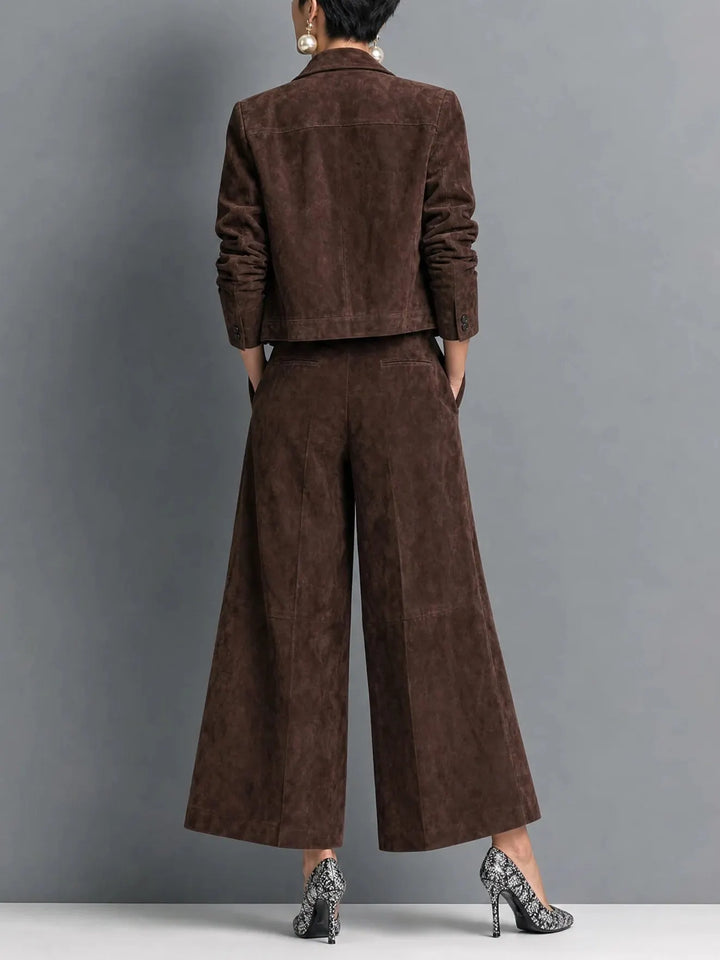 Women Faux Suede Wide Leg Pants Jacket Two Piece Set