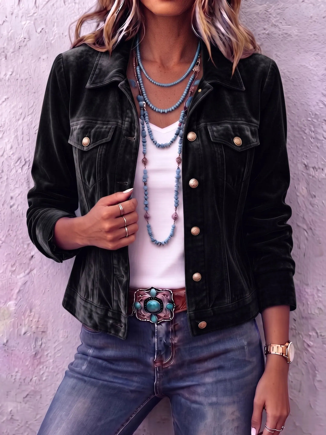 Womens Velvet Button Front Jacket Vintage Wash Style