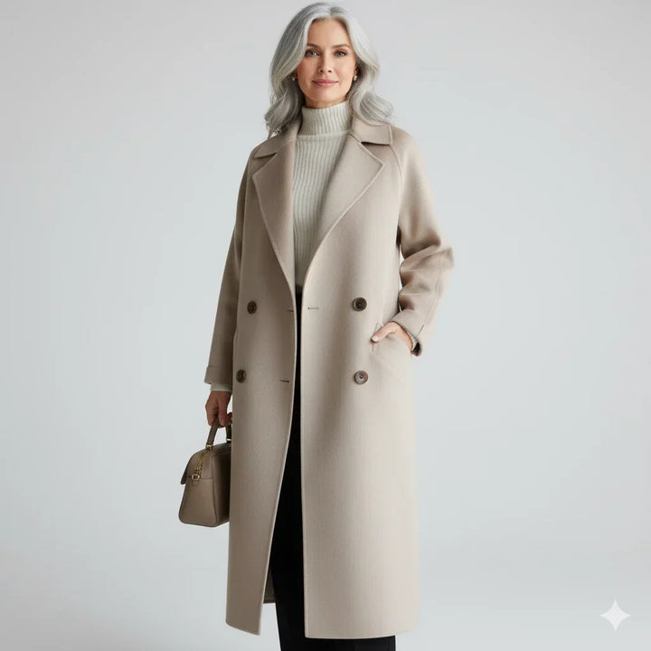 Women Double Breasted Longline Notch Lapel Coat