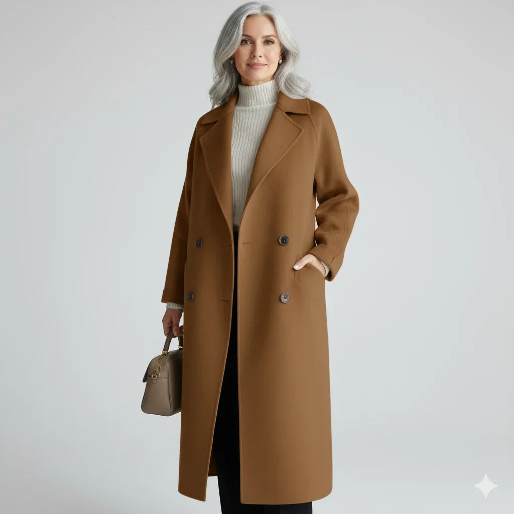 Women Double Breasted Longline Notch Lapel Coat