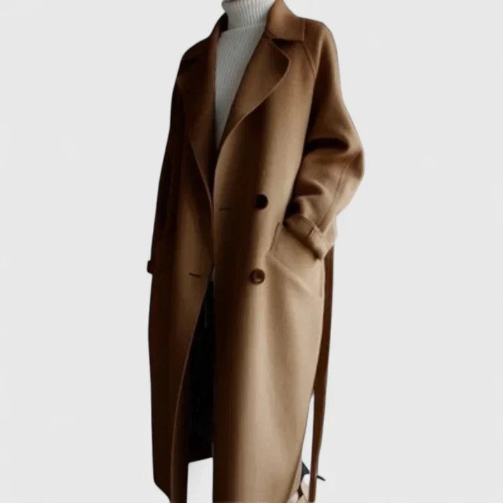 Women Double Breasted Longline Notch Lapel Coat