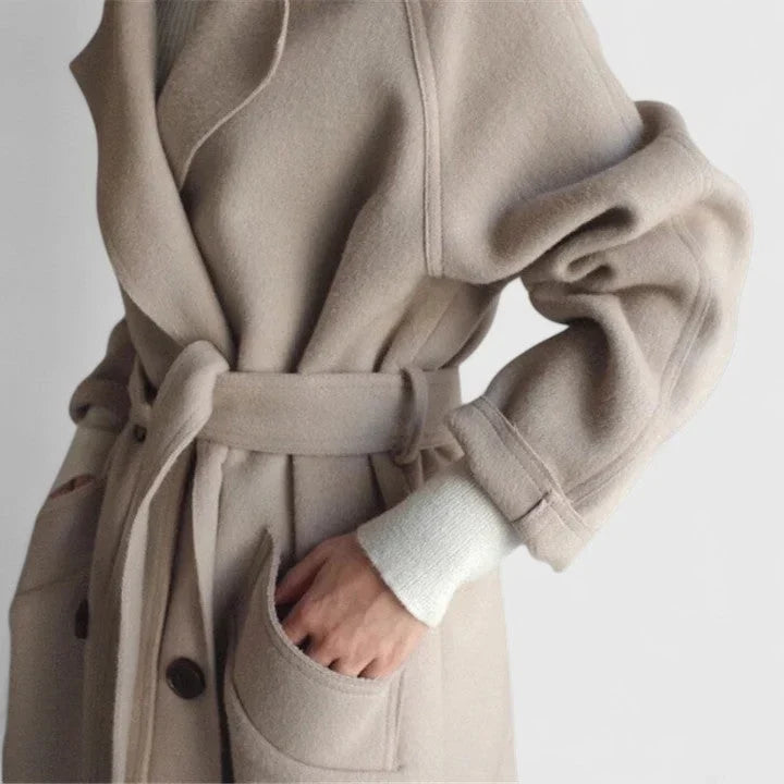 Women Double Breasted Longline Notch Lapel Coat