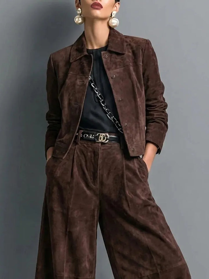 Women Faux Suede Wide Leg Pants Jacket Two Piece Set