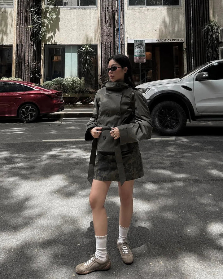 Belted High Neck Trench Coat Structured Women