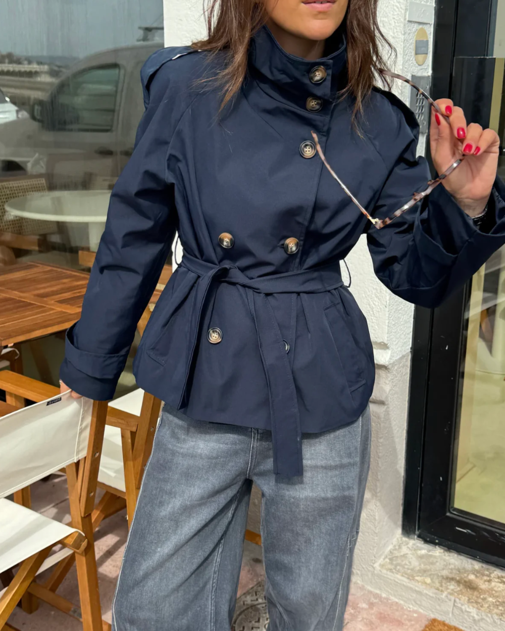 Belted High Neck Trench Coat Structured Women