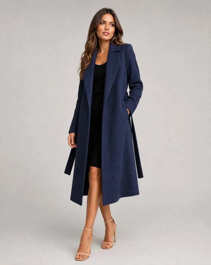 Women Belted Notch Lapel Longline Trench Coat