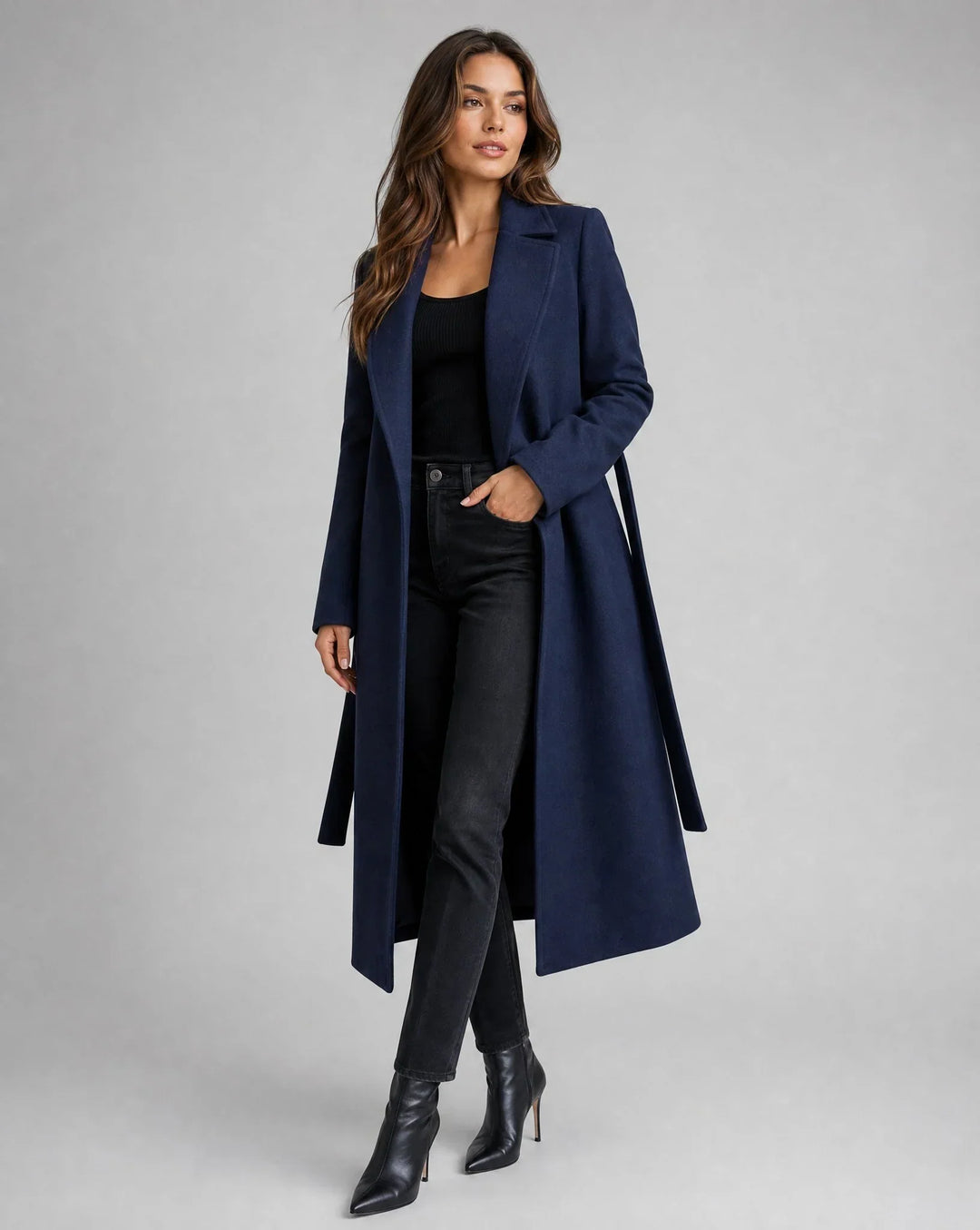 Women Belted Notch Lapel Longline Trench Coat