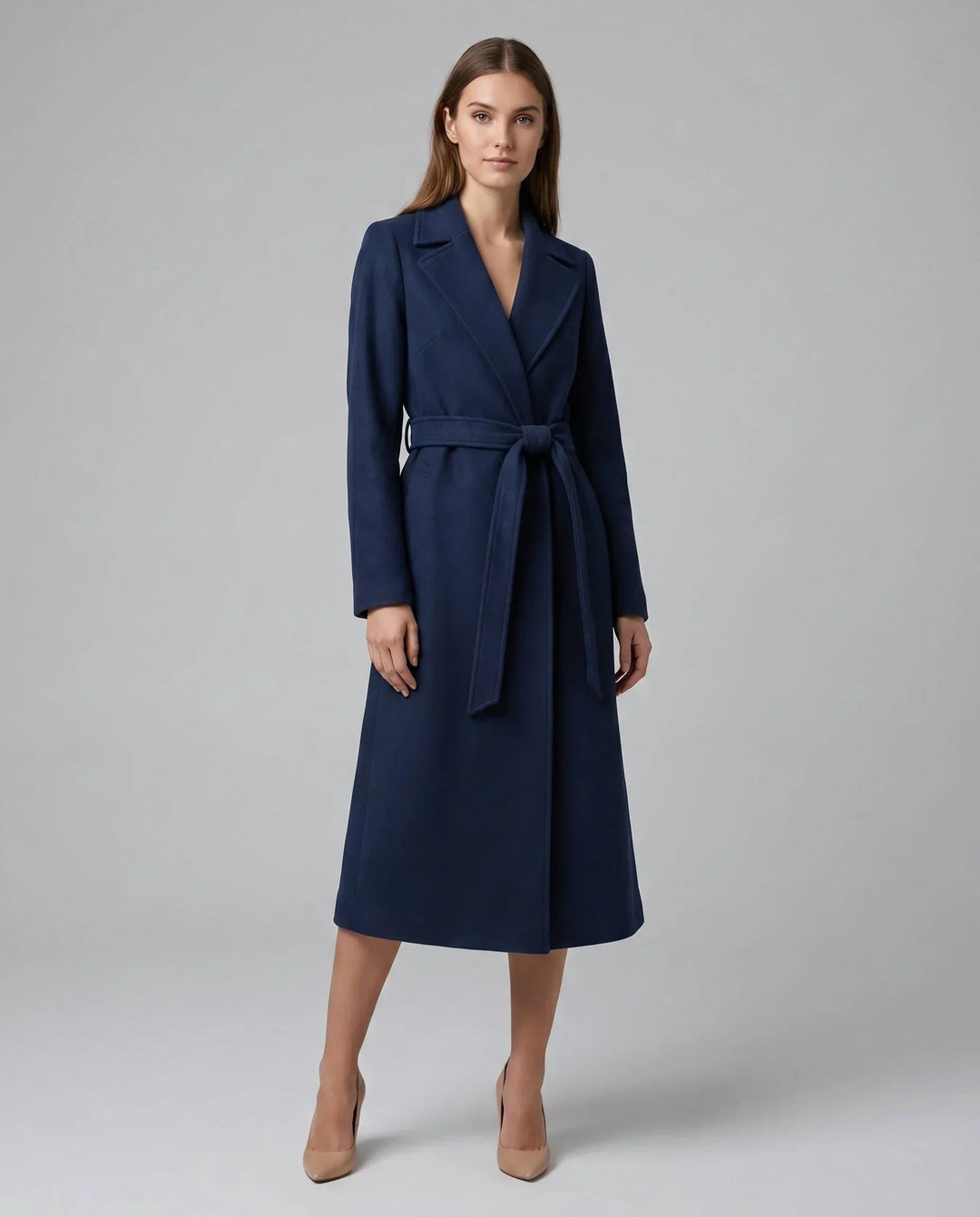 Women Belted Notch Lapel Longline Trench Coat