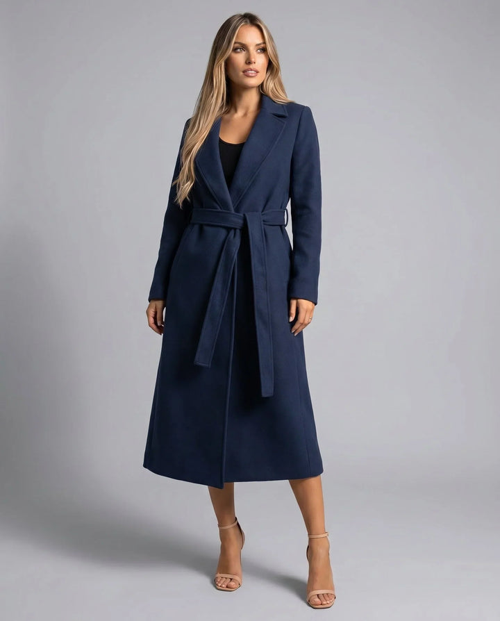 Women Belted Notch Lapel Longline Trench Coat