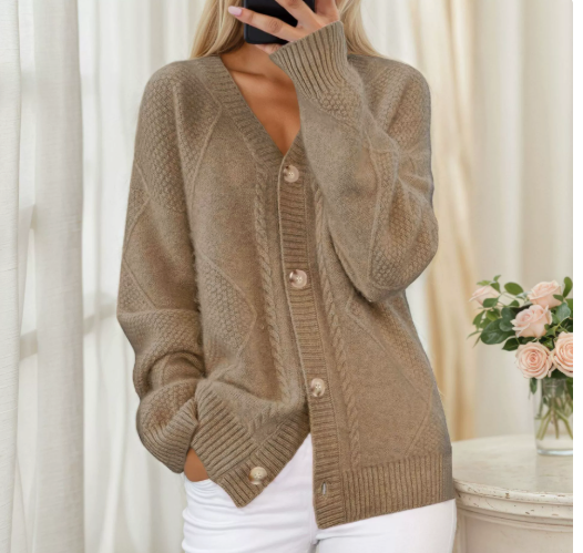 Womens Oversized Cable Knit V Neck Cardigan