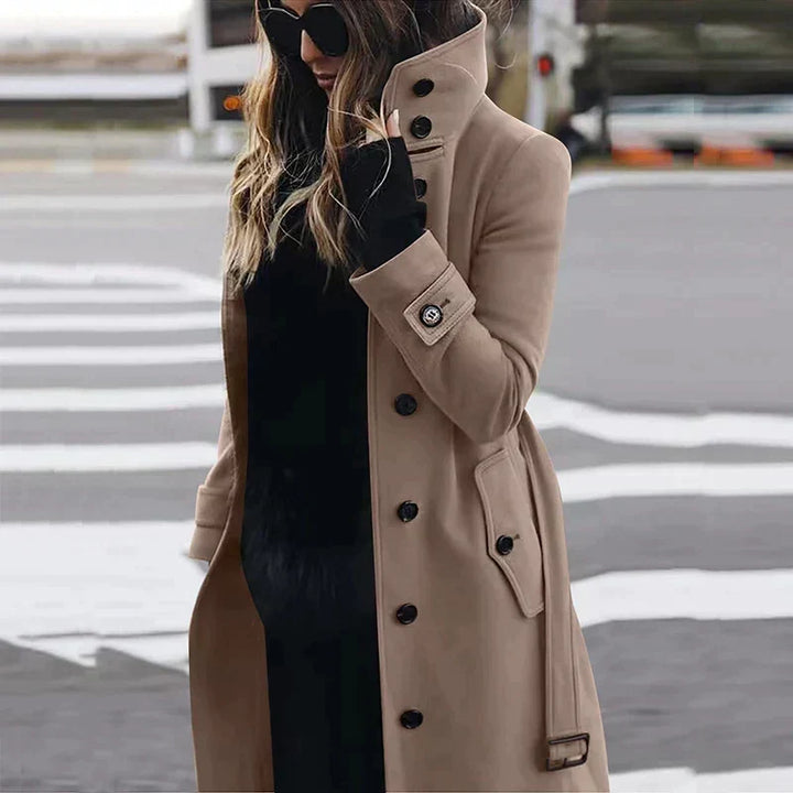 Womens Belted High Neck Longline Trench Coat