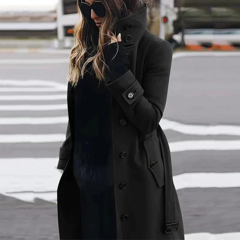 Womens Belted High Neck Longline Trench Coat