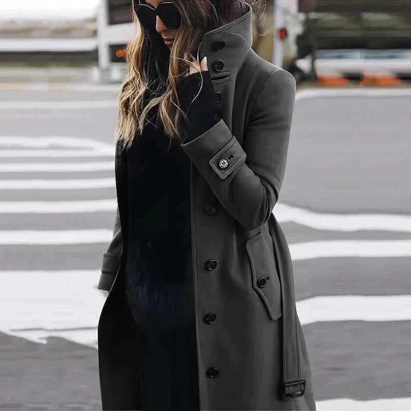 Womens Belted High Neck Longline Trench Coat