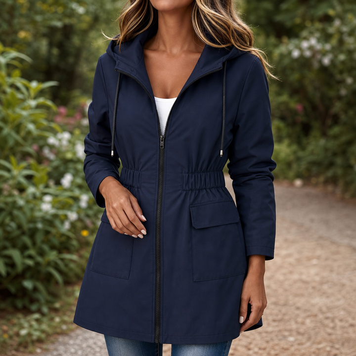 Womens Slim Fit Hooded Rain Jacket Drawstring Waist
