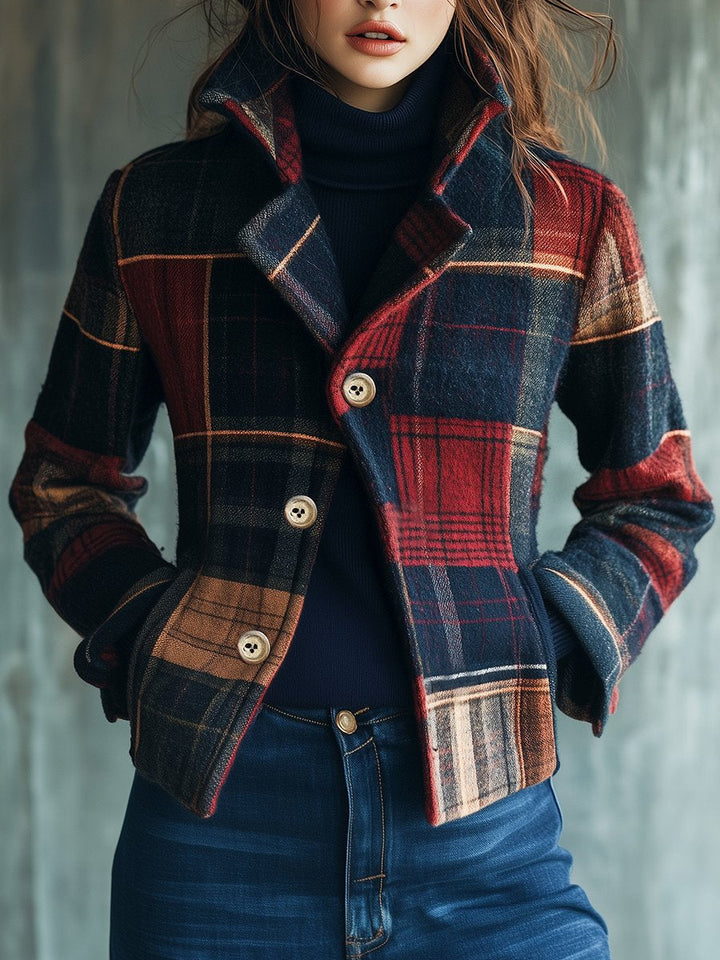 Womens Plaid Wool Blend Jacket Vintage Tartan Coat