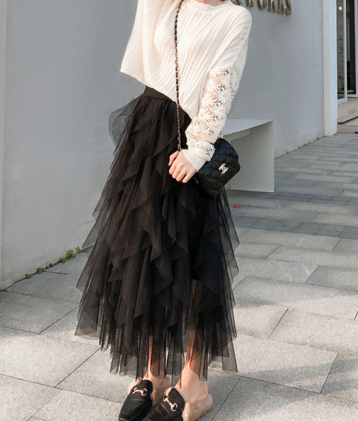 Mesh Maxi Skirt Tiered Ruffle Elastic Waist Women