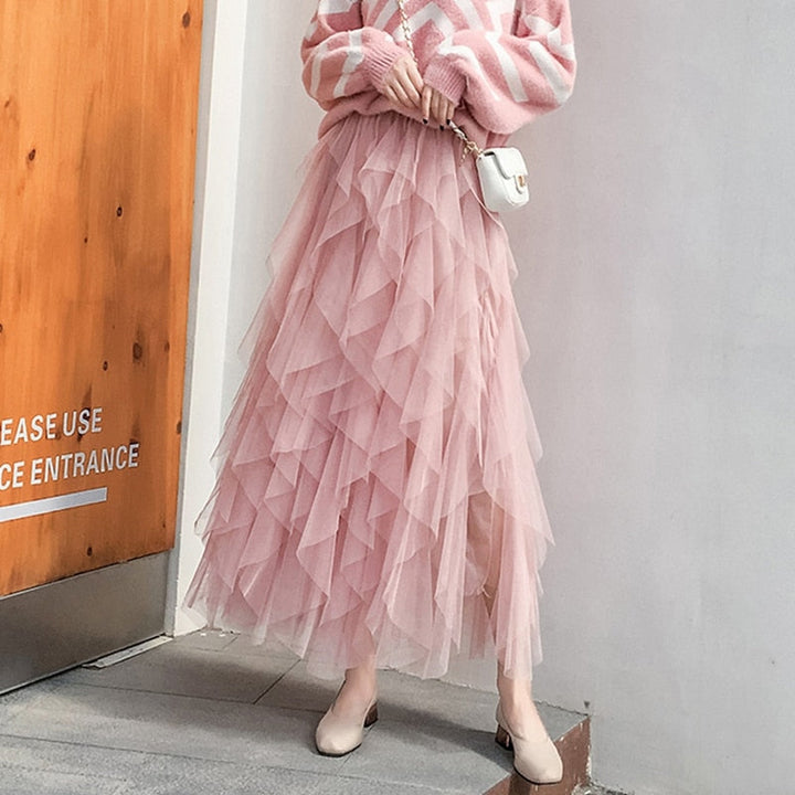 Mesh Maxi Skirt Tiered Ruffle Elastic Waist Women