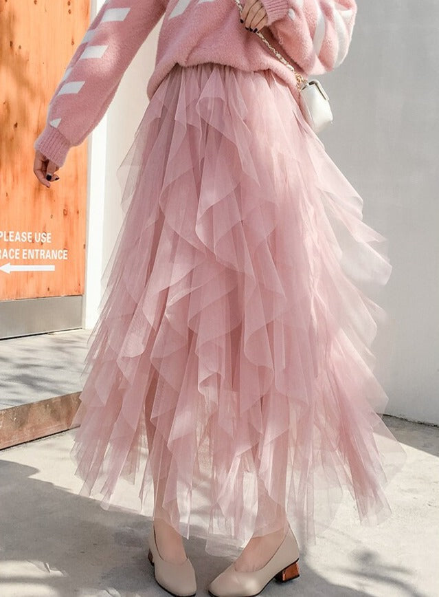 Mesh Maxi Skirt Tiered Ruffle Elastic Waist Women
