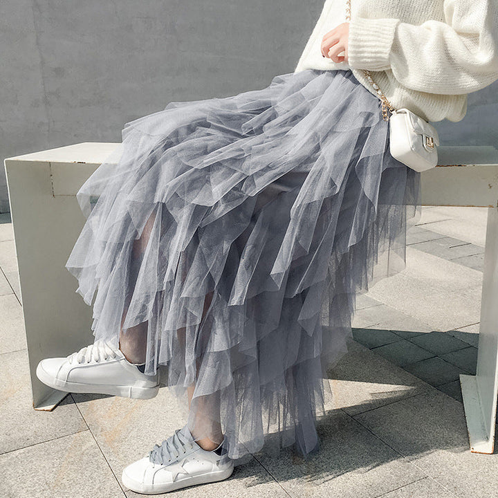 Mesh Maxi Skirt Tiered Ruffle Elastic Waist Women