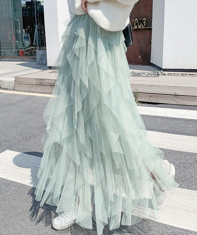 Mesh Maxi Skirt Tiered Ruffle Elastic Waist Women