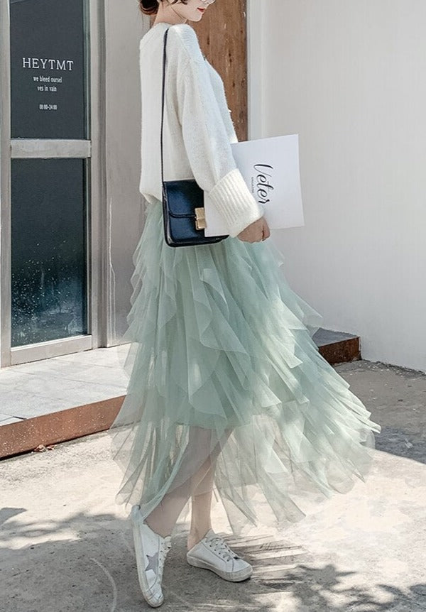 Mesh Maxi Skirt Tiered Ruffle Elastic Waist Women