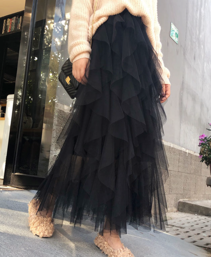 Mesh Maxi Skirt Tiered Ruffle Elastic Waist Women